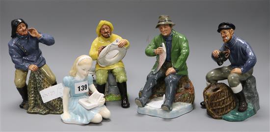 Four Royal Doulton figures of fisherman and a Royal Doulton figure of Alice tallest 7.5cm